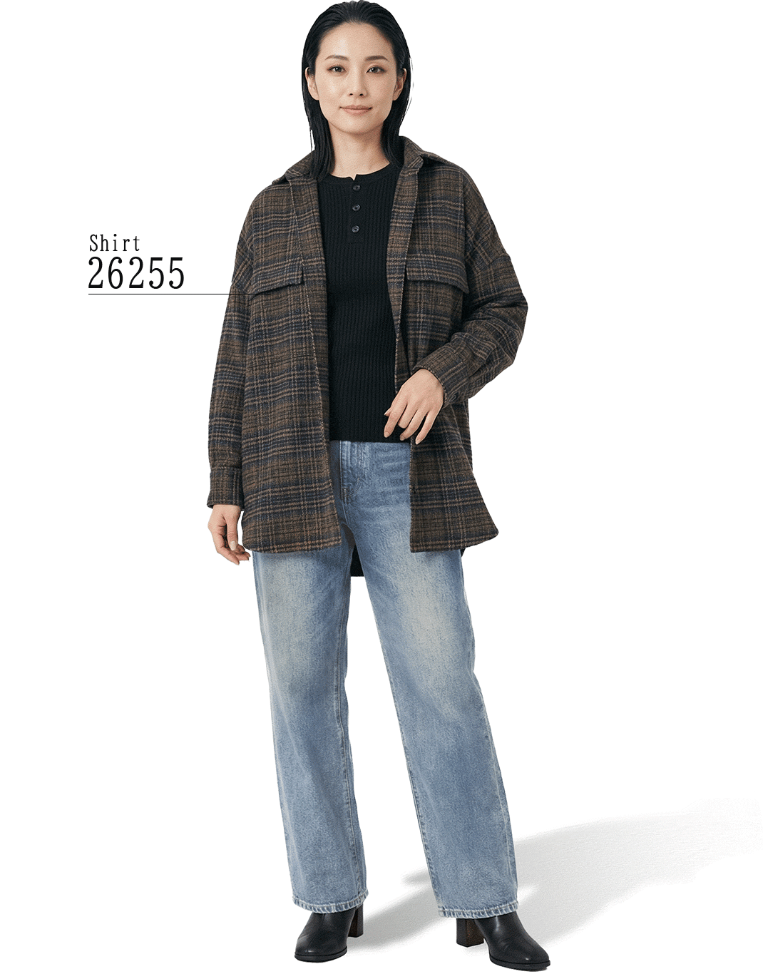 Look 3-2 オーバーシャツ＆デニム女性着画